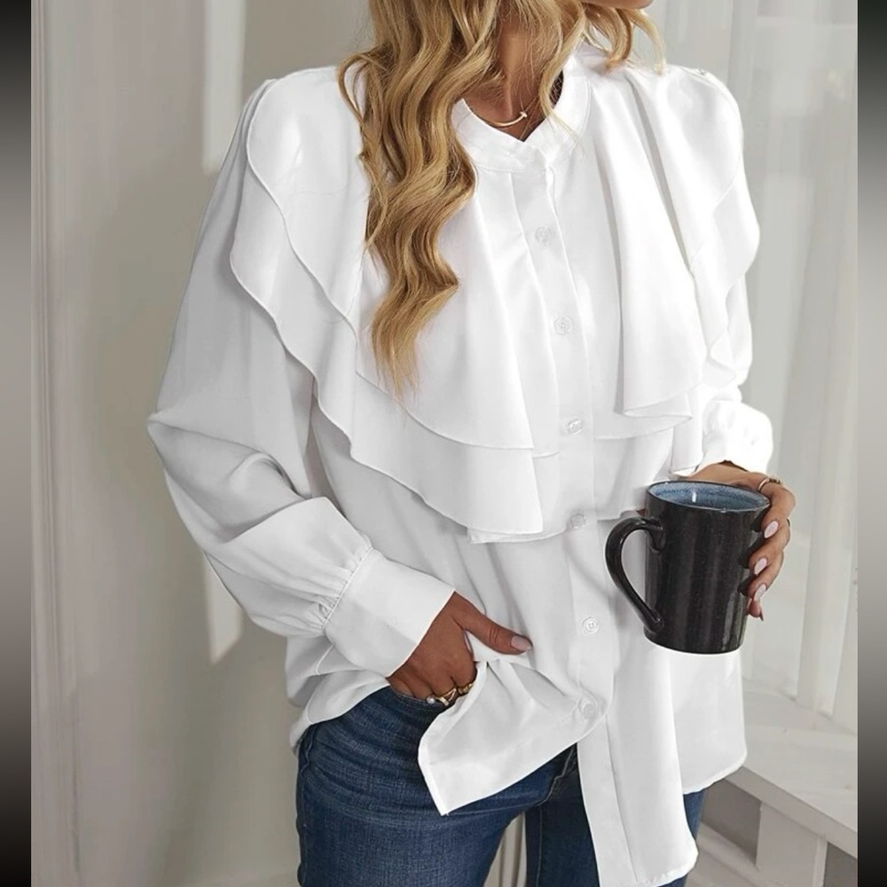 Luxe Ruffle Flounce Sleeve Button down Blouse - Picture 5 of 5